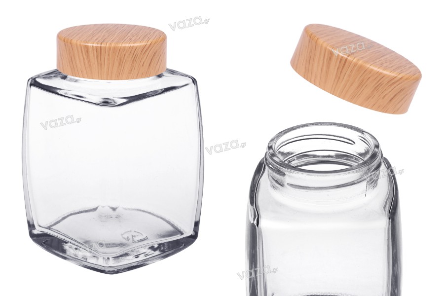 Pot en verre 360 ml avec couvercle en plastique design bois - 4 pcs