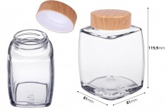 Pot en verre 360 ml avec couvercle en plastique design bois - 4 pcs