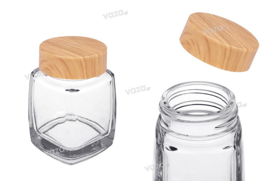 Γυάλινο βάζο 50 ml με πλαστικό καπάκι σε σχέδιο ξύλου - 6 τμχ