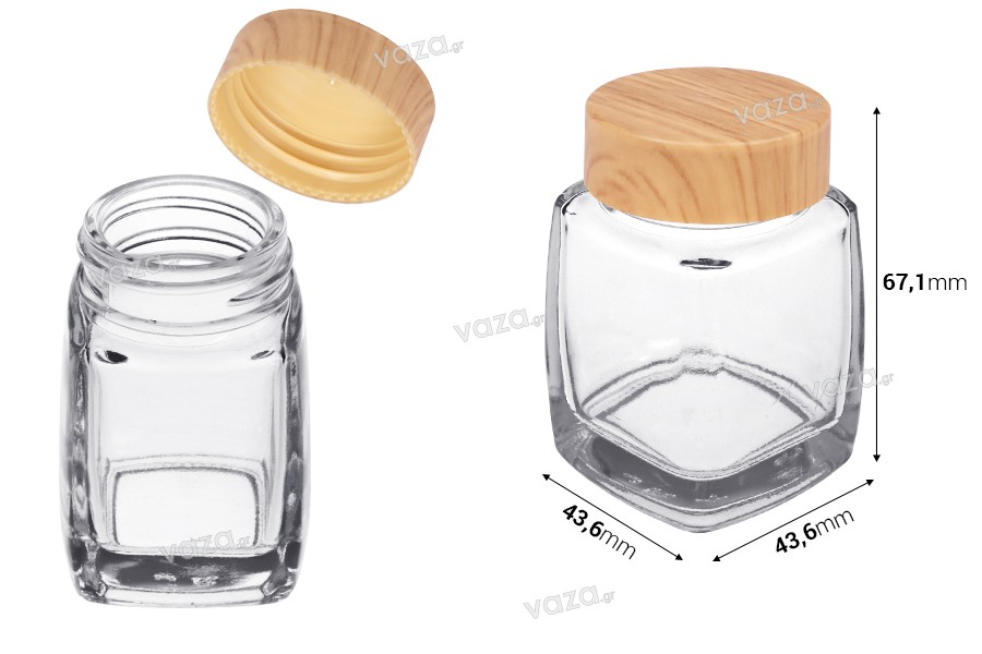 Pot en verre 50 ml avec couvercle en plastique design bois - 6 pcs