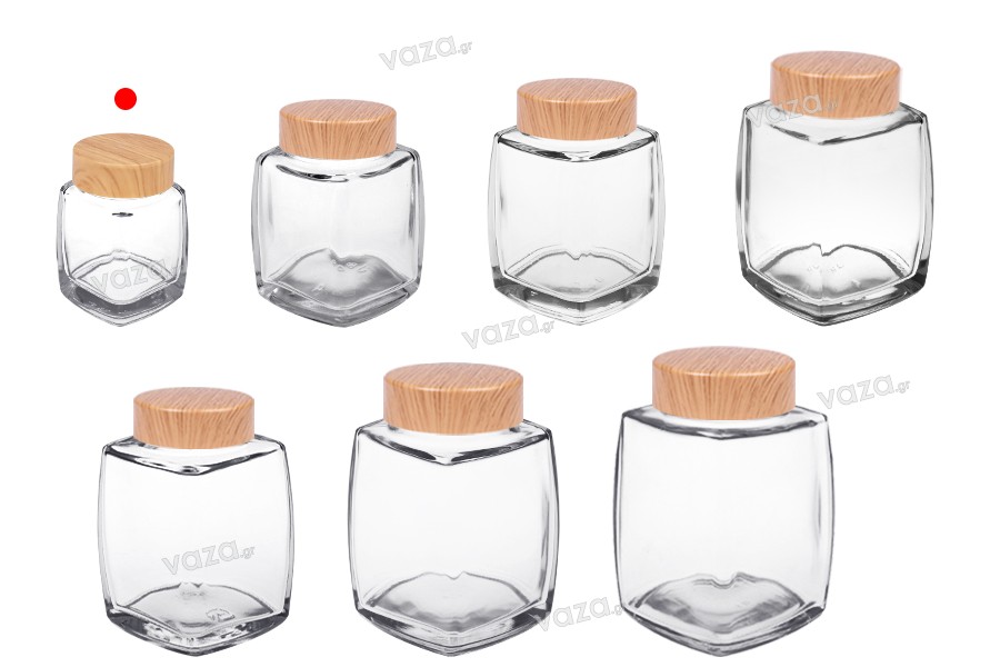 Glass jar 50 ml with plastic cap in wood design - 6 pcs