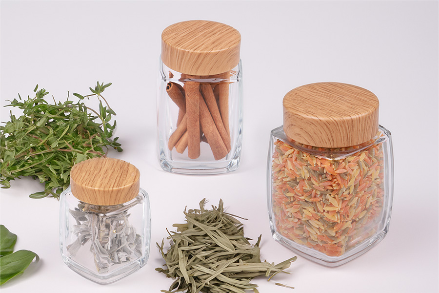Glass jar 100 ml with plastic lid in wood design - 6 pcs