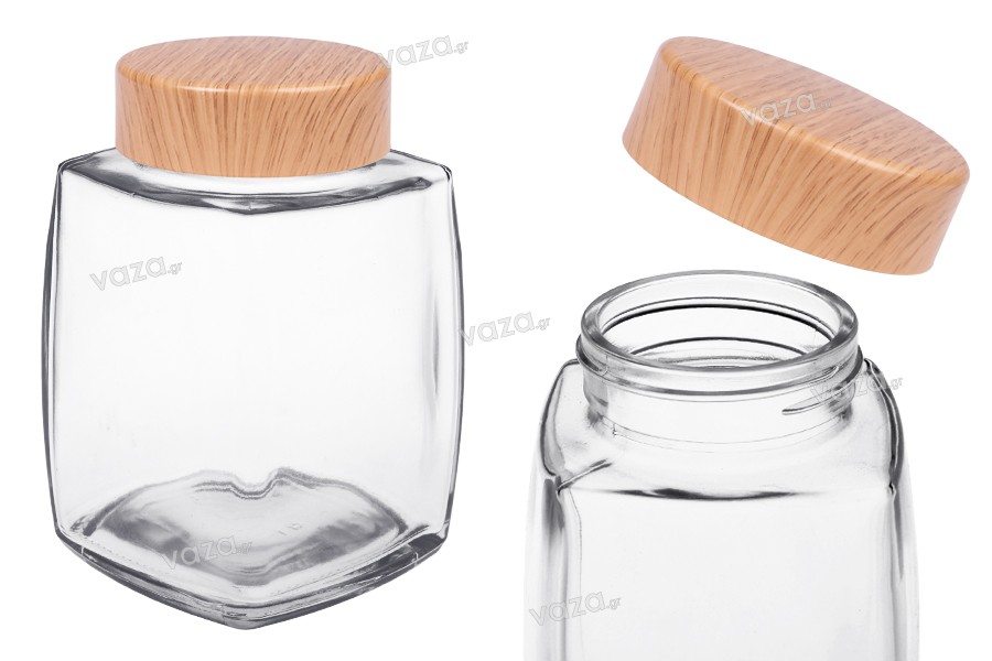 Barattolo di vetro da 750 ml con coperchio in plastica con design in legno - 4 pz