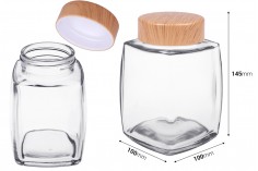 Pot en verre 750 ml avec couvercle en plastique design bois - 4 pcs