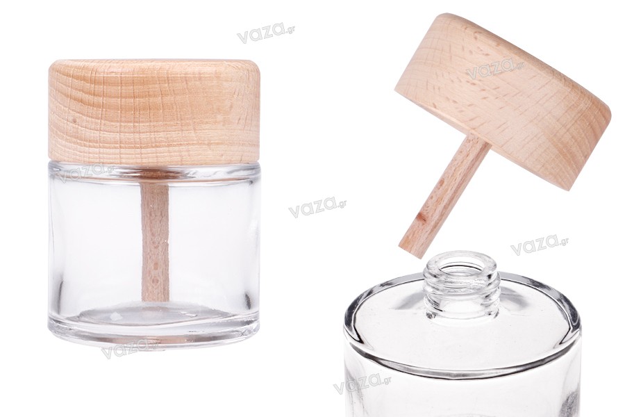 Transparent glass bottle 50 ml with wooden cap for room fragrance