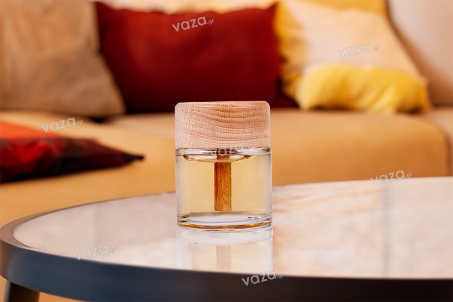 Flacon de sticlă transparentă de 50 ml cu capac de lemn pentru parfum de cameră