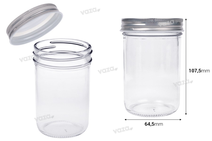 Barattolo in vetro 250 ml con coperchio in alluminio argento - 6 pz