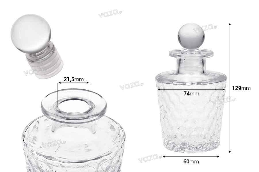 Embossed glass bottle 150 ml with glass cap