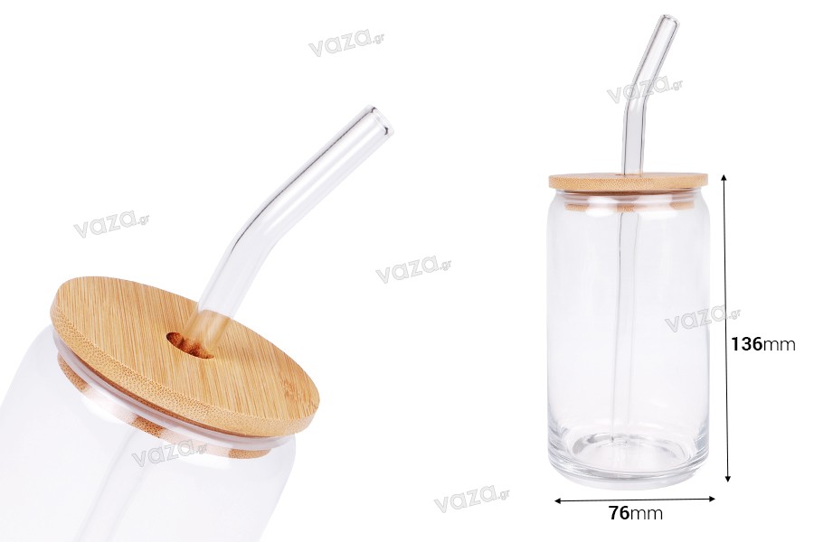 Vetro - vaso in vetro da 400 ml con coperchio in legno e cannuccia in vetro - 6 pz