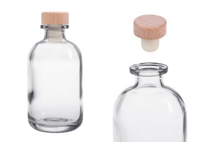 Flacon en verre transparent de 250 ml avec bouchon en silicone et tête en bois-photo_produit
