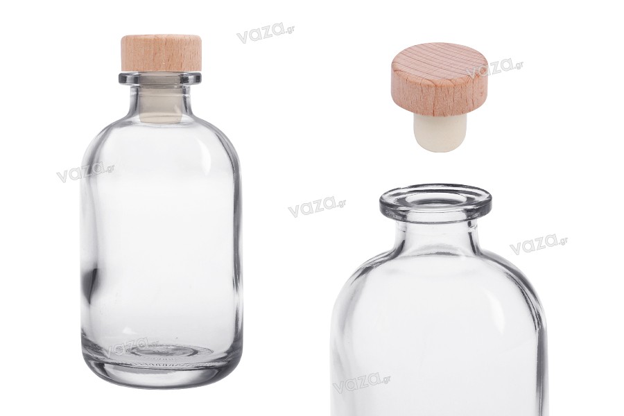 Γυάλινο μπουκάλι 250 ml διάφανο με φελλό σιλικόνης με ξύλινη κεφαλή