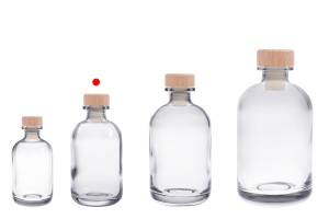 Flacon en verre transparent de 250 ml avec bouchon en silicone et tête en bois-photo_groupe