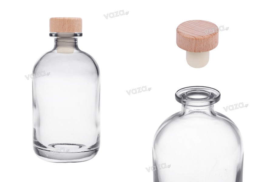 Flacon en verre transparent de 375 ml avec bouchon en silicone et tête en bois