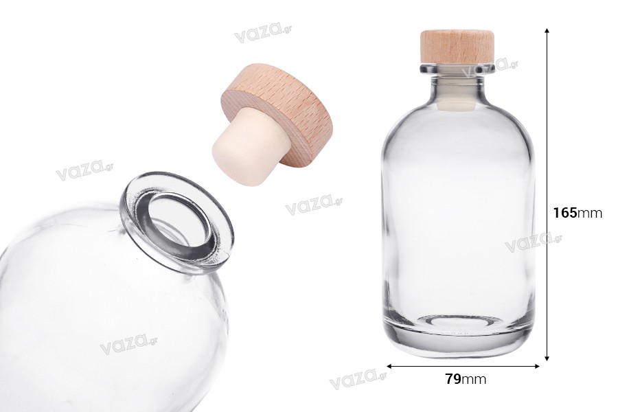 Flacon en verre transparent de 375 ml avec bouchon en silicone et tête en bois
