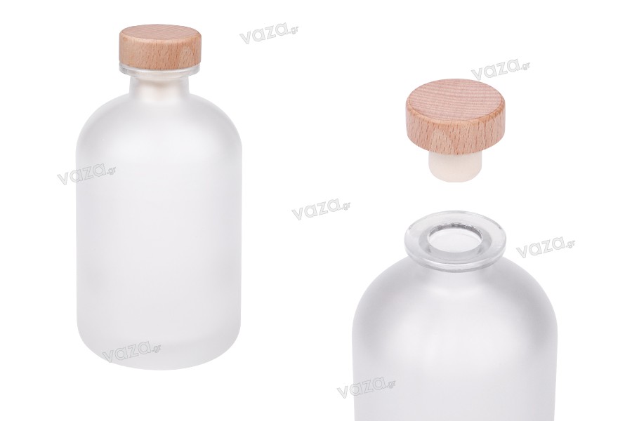 Glass frosted bottle 500 ml with silicone cork and wooden head