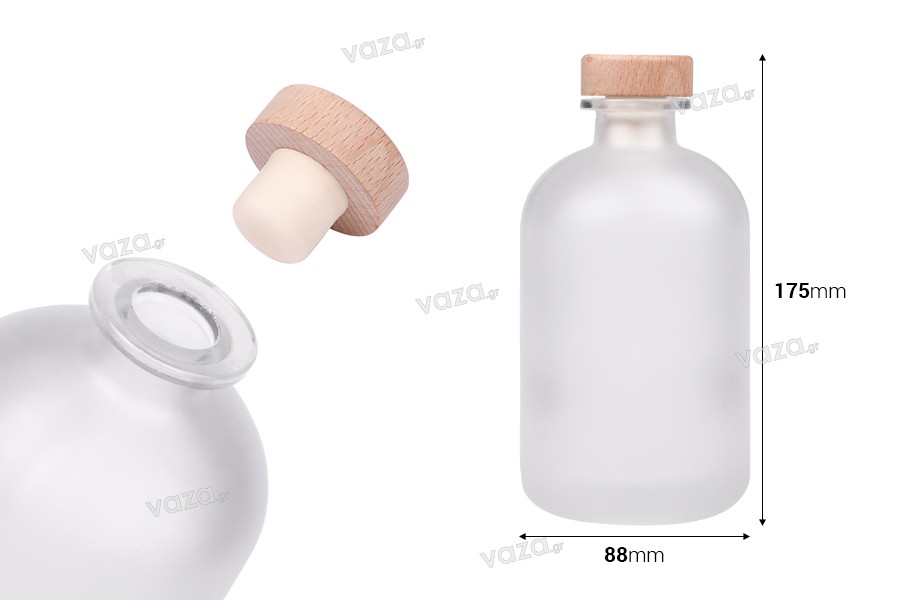 Glass frosted bottle 500 ml with silicone cork and wooden head