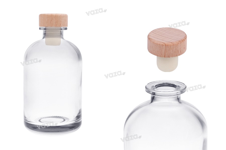 Flacon en verre transparent de 500 ml avec bouchon en silicone et tête en bois