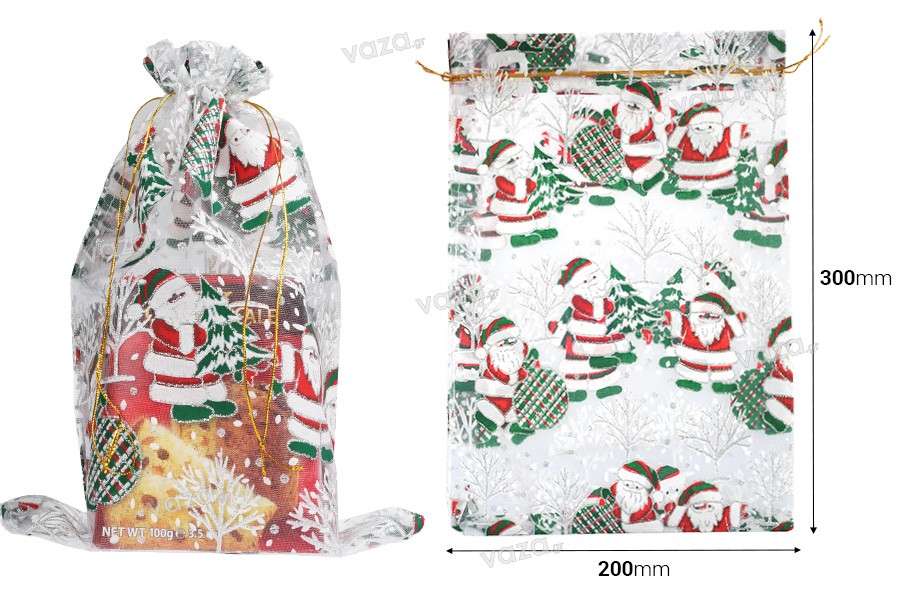 Χριστουγεννιάτικο λευκό πουγκί 200x300 mm από οργάντζα - 25 τμχ
