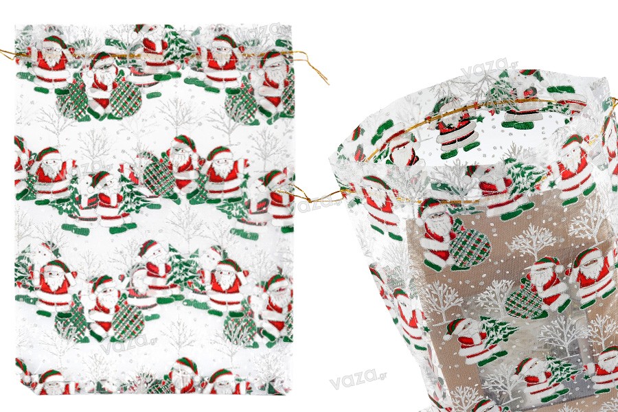 Χριστουγεννιάτικο λευκό πουγκί 270x370 mm από οργάντζα - 25 τμχ