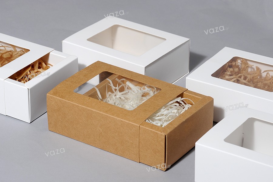 Kraft paper drawer box 140x110x52 mm with window - 12 pcs