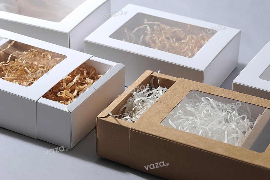 Kraft paper drawer box 170x130x52 mm with window - 12 pcs