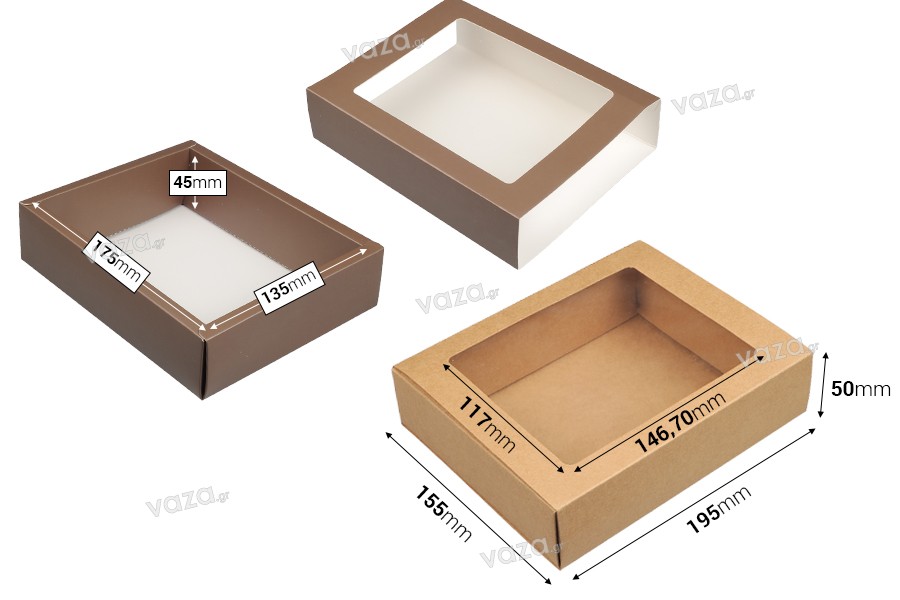 Kraft paper drawer box 195x155x50 mm with window - 12 pcs