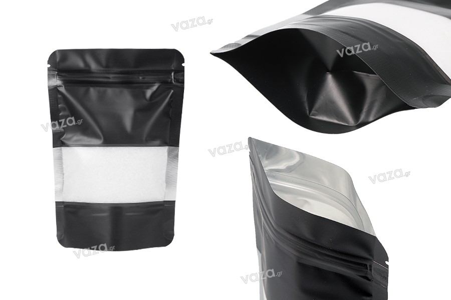 Σακουλάκια αλουμινίου τύπου Doy Pack, με κλείσιμο "zip", παράθυρο και δυνατότητα σφράγισης με θερμοκόλληση 100x30x145 mm - 100 τμχ