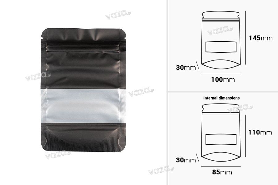Σακουλάκια αλουμινίου τύπου Doy Pack, με κλείσιμο "zip", παράθυρο και δυνατότητα σφράγισης με θερμοκόλληση 100x30x145 mm - 100 τμχ