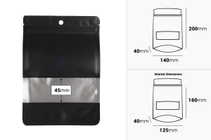 Aluminium Doypack Standbodenbeutel 140x40x200 mm, mit Zipperverschluss, Fenster und heißsiegelbar - 100 Stück-εικόνα_διαστάσεις