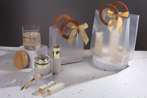 Gift bag plastic 200x100x220mm semi transparent with bow and handle in leather texture - 12 pcs-3