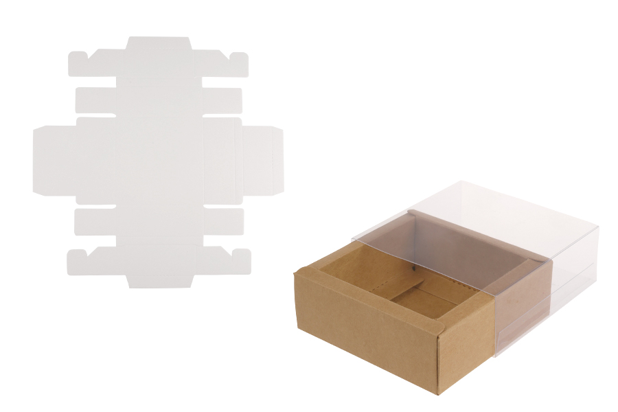 Boîte d'emballage en papier (300 g/m²) 85x85x30 mm avec fenêtre transparente tiroir en blanc et kraft - 12 pièces Boîte d'emballage en papier (300 g/m²) 85x85x30 mm avec fenêtre transparente tiroir en blanc et kraft - 12 pièces