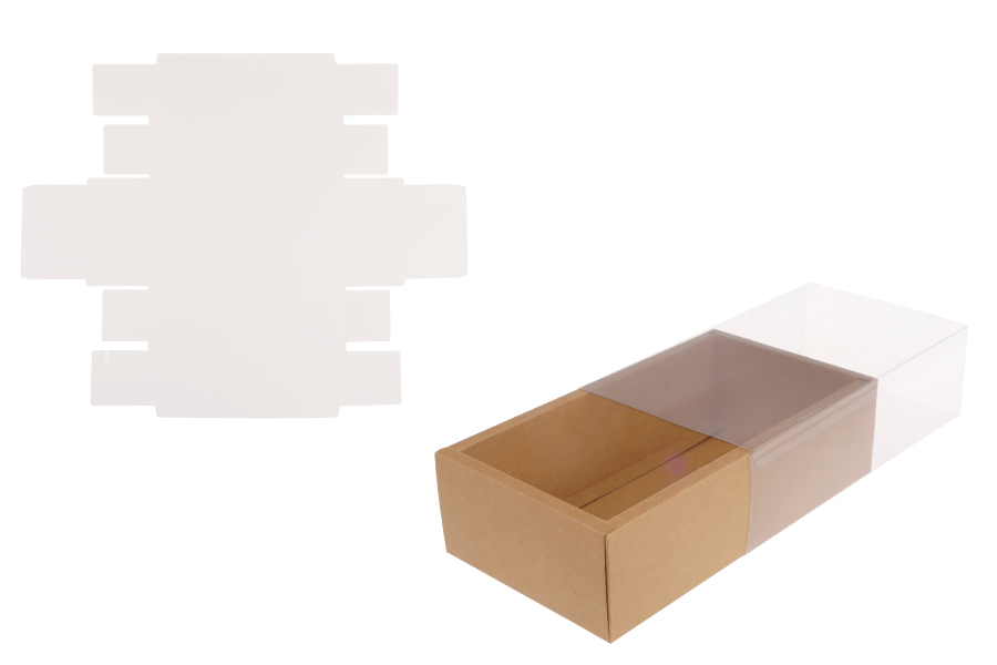 Papierverpackungsschachtel (300 g/m²) 220x120x60 mm mit transparentem Schubladenfenster in Weiß und Kraftfarbe – 12 Stück