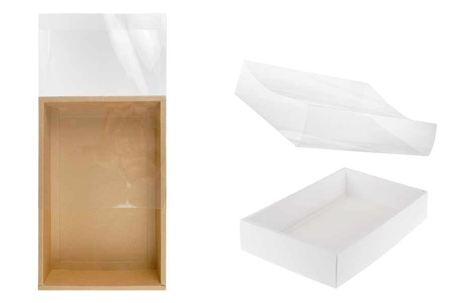 Boîte d'emballage en papier (300 g/m²) 300x200x60 mm avec fenêtre transparente à tiroir en blanc et kraft - 12 pièces Boîte d'emballage en papier (300 g/m²) 300x200x60 mm avec fenêtre transparente à tiroir en blanc et kraft - 12 pièces