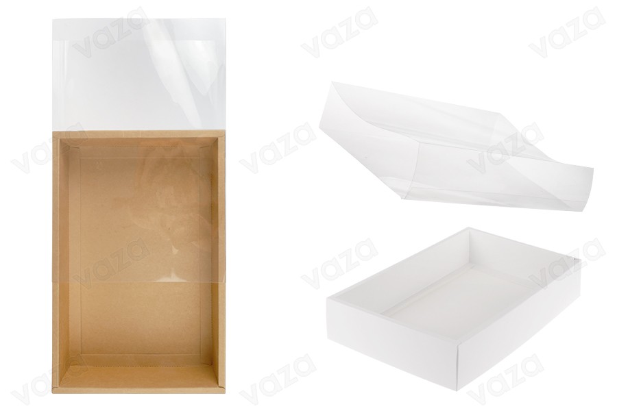 Papierverpackungsschachtel (300 g/m²) 300x200x60 mm mit transparentem Schubladenfenster in Weiß und Kraftfarbe – 12 Stück-produktbild