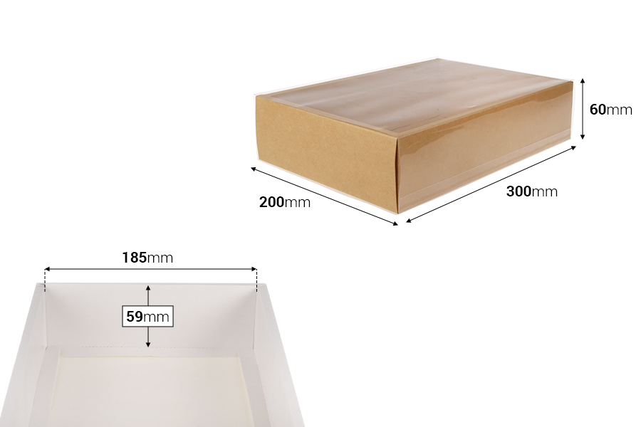 Boîte d'emballage en papier (300 g/m²) 300x200x60 mm avec fenêtre transparente à tiroir en blanc et kraft - 12 pièces Boîte d'emballage en papier (300 g/m²) 300x200x60 mm avec fenêtre transparente à tiroir en blanc et kraft - 12 pièces