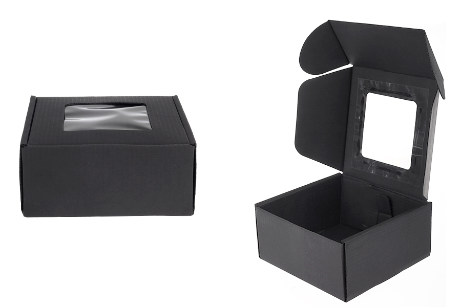 Schwarze Verpackungsschachtel aus Kraftpapier mit Fenster 130x120x60 mm