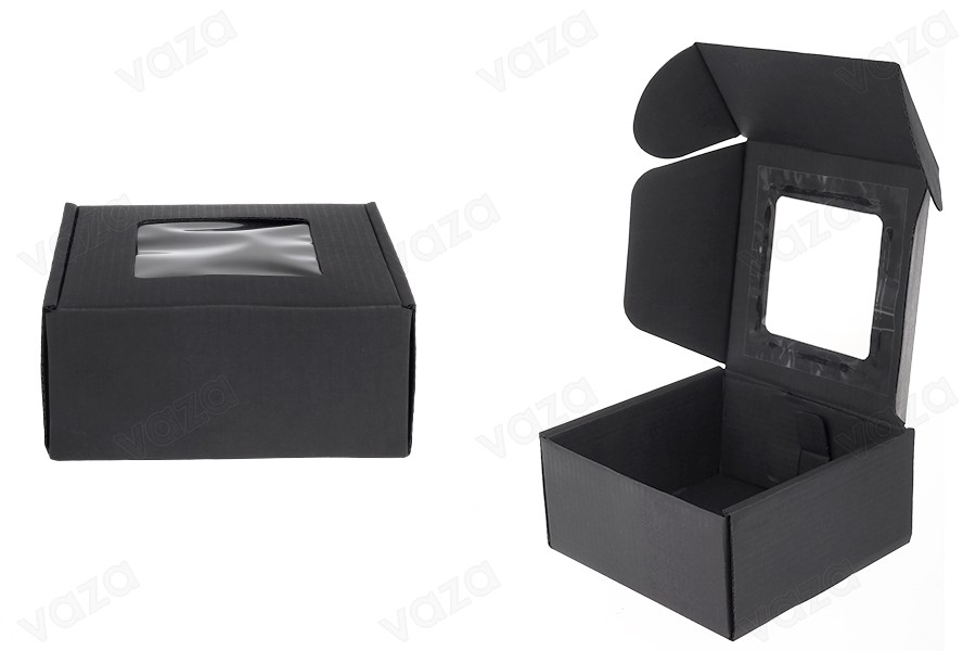 Schwarze Verpackungsschachtel aus Kraftpapier mit Fenster 130x120x60 mm Schwarze Verpackungsschachtel aus Kraftpapier mit Fenster 130x120x60 mm-produktbild