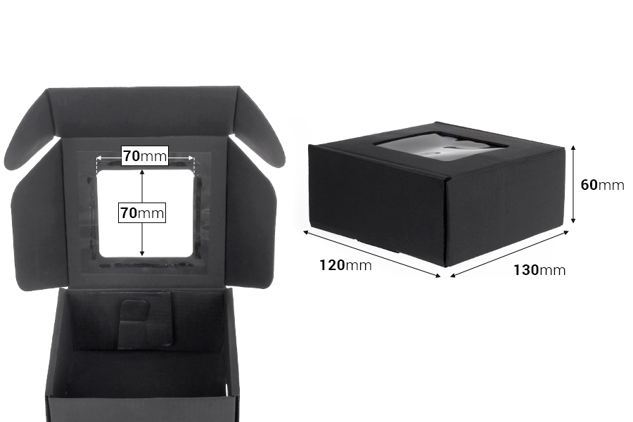 Schwarze Verpackungsschachtel aus Kraftpapier mit Fenster 130x120x60 mm