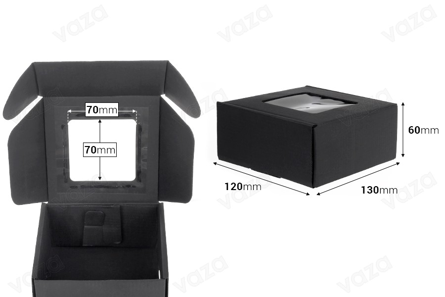 Schwarze Verpackungsschachtel aus Kraftpapier mit Fenster 130x120x60 mm Schwarze Verpackungsschachtel aus Kraftpapier mit Fenster 130x120x60 mm-bildabmessungen