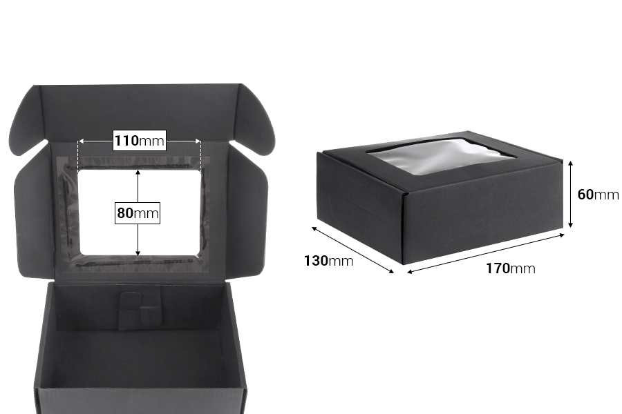Boîte d'emballage en papier kraft noir avec fenêtre 170 x 130 x 60 mm Boîte d'emballage en papier kraft noir avec fenêtre 170 x 130 x 60 mm