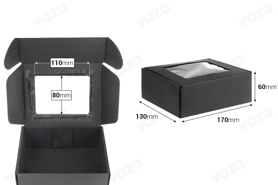 Schwarze Verpackungsschachtel aus Kraftpapier mit Fenster 170x130x60 mm Schwarze Verpackungsschachtel aus Kraftpapier mit Fenster 170x130x60 mm-bildabmessungen