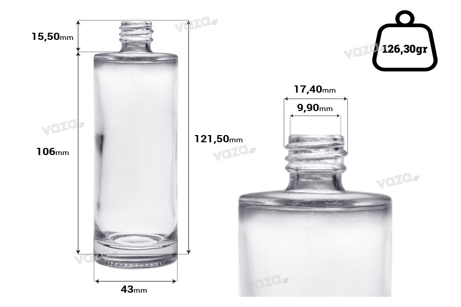 Προσφορά! Στρογγυλή γυάλινη φιάλη (18/415) για αρώματα 100 ml - Από 0,66€ σε 0,54€ το τμχ (ελάχιστη παραγγελία: 1 κιβώτιο)