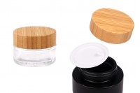 Γυάλινο βάζο 30 ml με bamboo καπάκι και πλαστικό παρέμβυσμα σε διάφανο ή μαύρο χρώμα