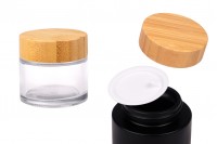 Glass jar 50 ml with bamboo lid and plastic seal in transparent or black color