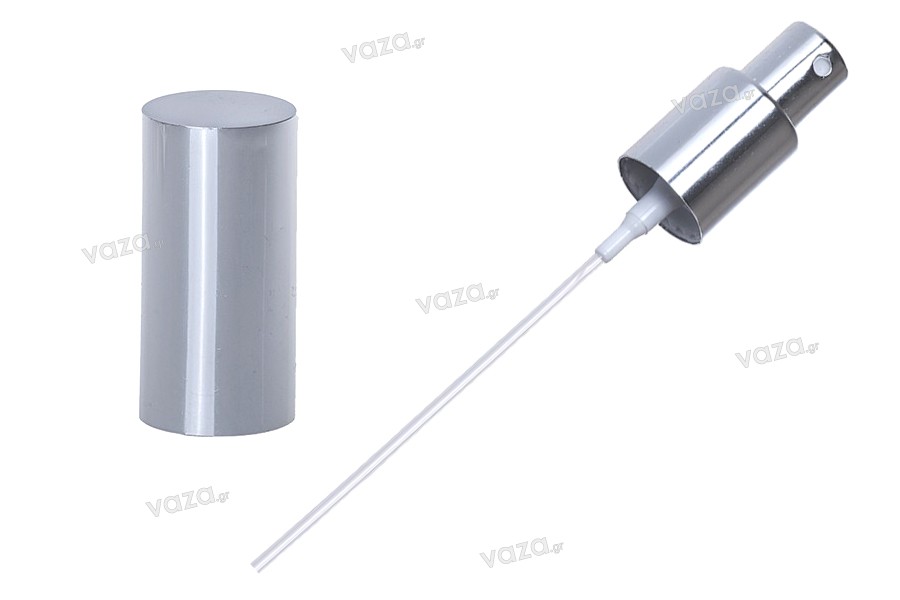 Shiny silver aluminum spray pump for 18/415 bottle neck (tube length 99,35 mm)