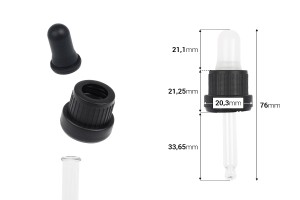 Contagocce da 10 ml con tappo di sicurezza nero largo, senza graduazione e con pipetta semitrasparente o nera opaca - confezionato singolarmente.-εικόνα_διαστάσεις
