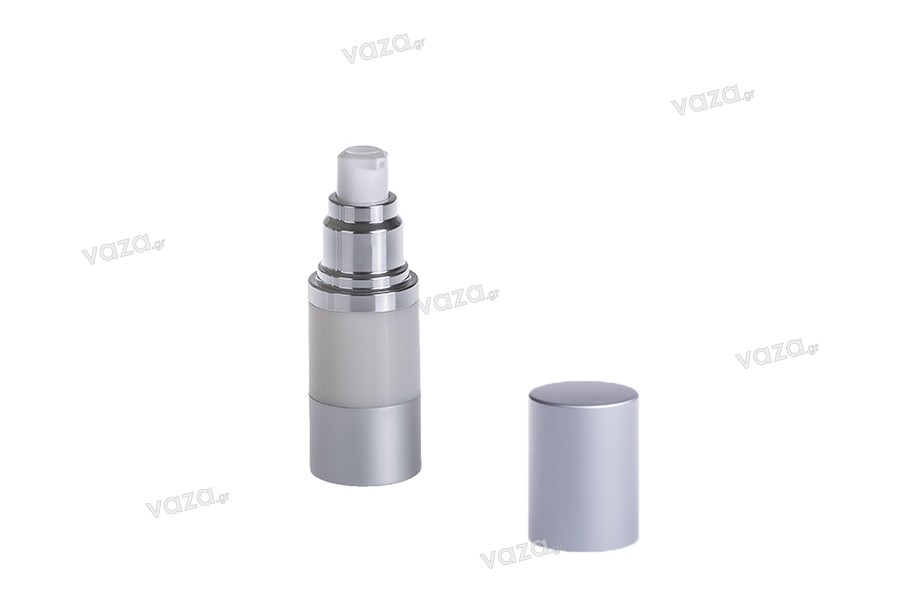 Μπουκάλι airless για κρέμα 15ml με πλαστικό, γαλακτερό σώμα, καπάκι και βάση αλουμινίου σε ασημί χρώμα