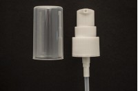 Plastic cream dispenser pump with transparent overcap and PP20 finish. 