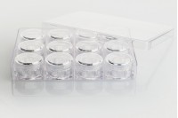 Square transparent acrylic cream jar 5 ml with transparent cap in an acrylic case of 12 pieces