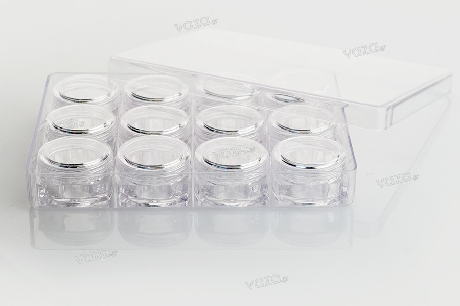 Square transparent 5 ml acrylic cream jar with cap in an acrylic storage case, available in a package with 12 pieces
